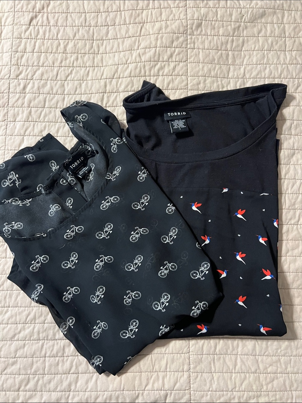Two torrid Tops Size 1 - Short Sleeve Bicycle Print & Sleeveless Bird Print